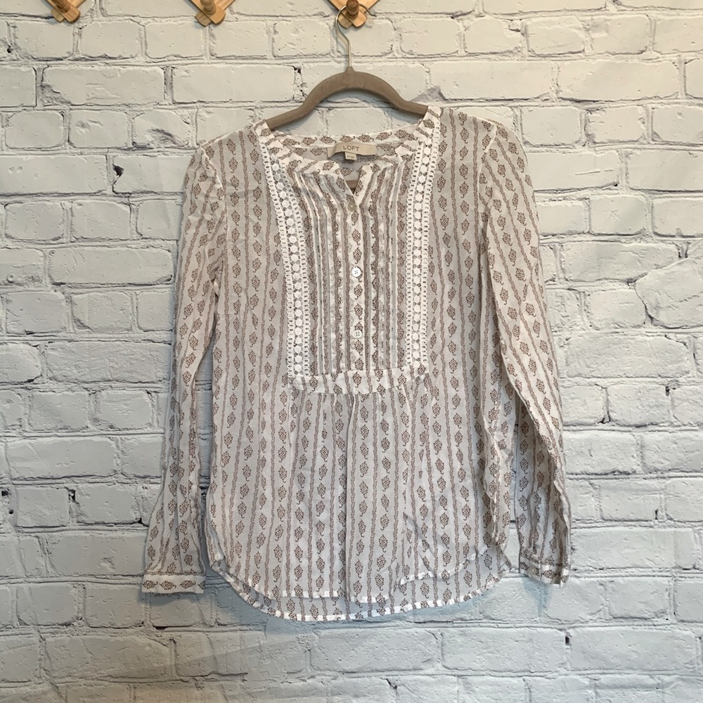 LOFT brown and white acorn print peasant blouse xs